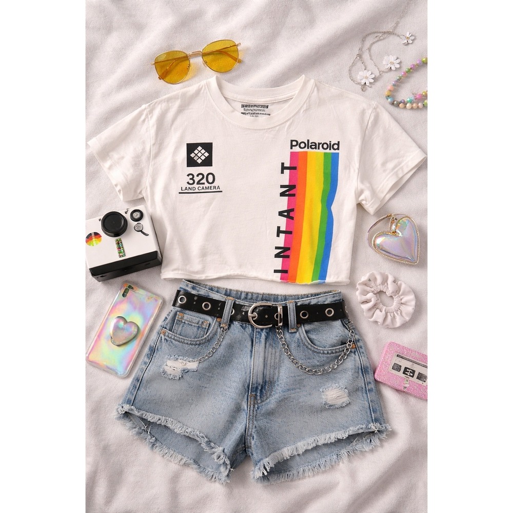 Polaroid Rainbow Graphic Crop Top White 320 Land Camera Retro Tee Large